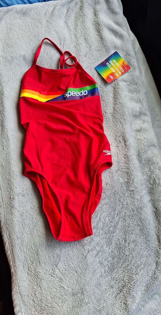 Speedo Red One-Piece Swimsuit with Rainbow Chest Stripe